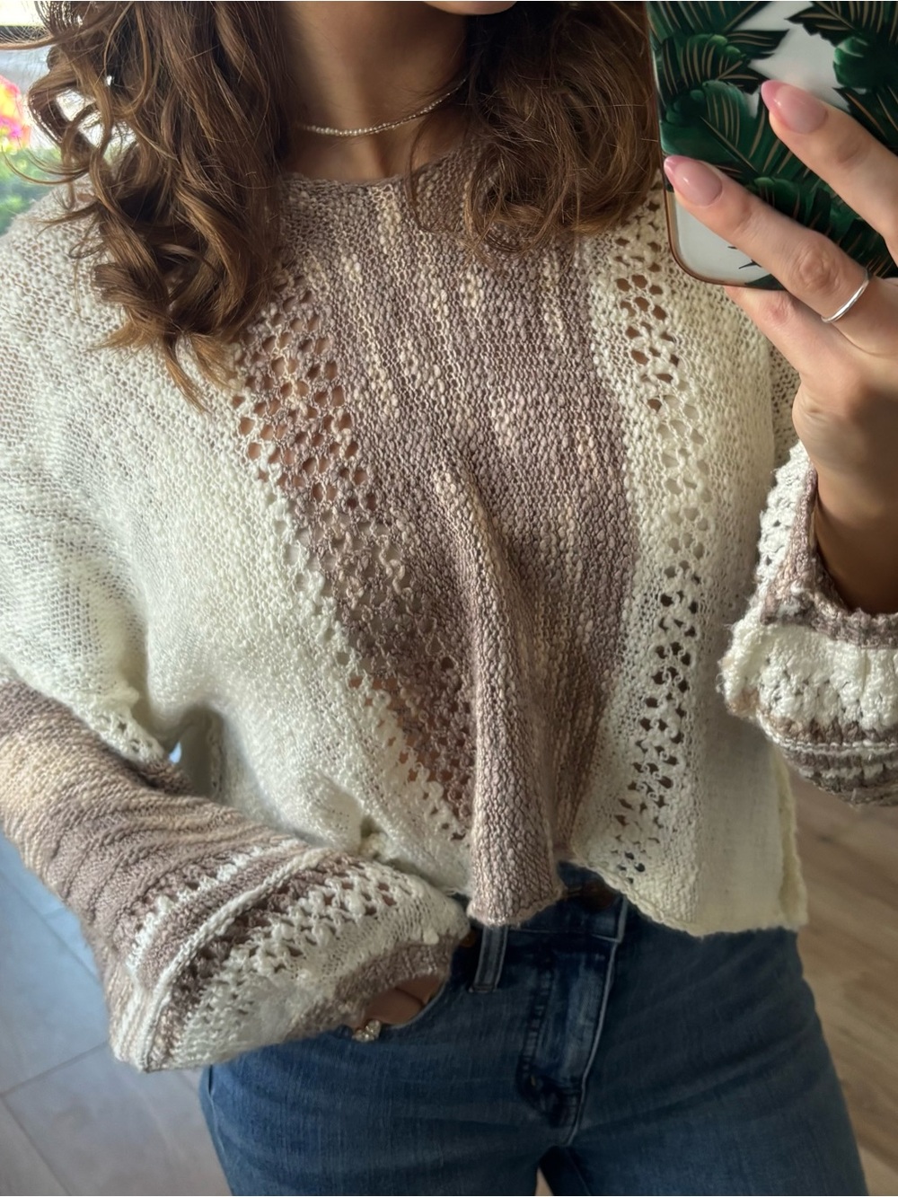 Angie Two-Tone Cream and Taupe Knit Scoop Neck Sweater